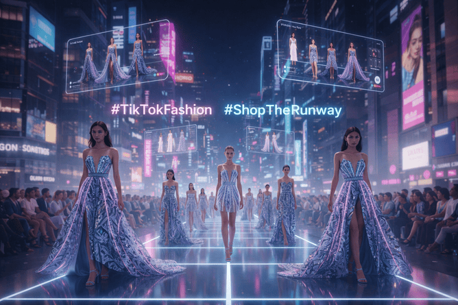 A futuristic outdoor runway in a glowing cityscape featuring models in digital-infused gowns with floating holographic TikTok Shop interface displays.