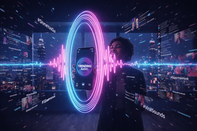 A creative workspace featuring a smartphone displaying vibrant TikTok audio waveforms and trending music metrics for 2026.