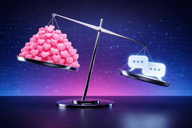 Why TikTok comments matter more than likes: A 3D scale showing heavy comment bubbles outweighing a pile of hearts