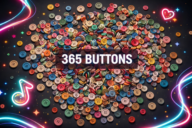 A top-down view of hundreds of colorful, textured buttons scattered across a dark surface, with the text "365 BUTTONS" centered in a modern, bold font.