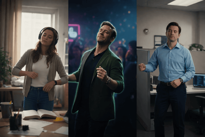 A split-screen image showing three different people in various settings, a club, a study room, and a corporate office. All performing the viral Jon Hamm dissociation dance with their eyes closed.