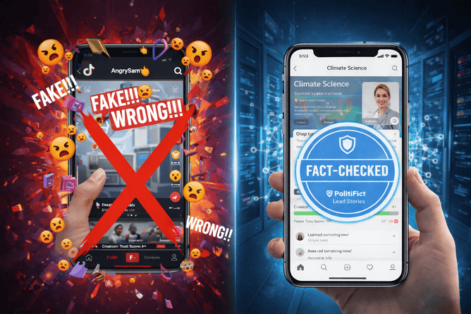 A split-screen graphic showing a TikTok phone interface with rage-bait content being penalized with an F-minus score and a fact-checked informational video being rewarded.