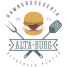 Logo restaurante Altaburg una hamburguesa dibujada con dos herramientas de cocina típica del BBQ, Fondo blanco