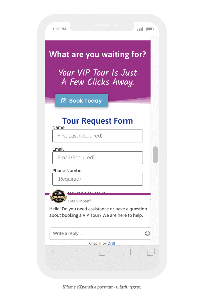 Elite Orlando VIP Tours website form for booking a tour. Text: "Your VIP Tour Is Just A Few Clicks Away.