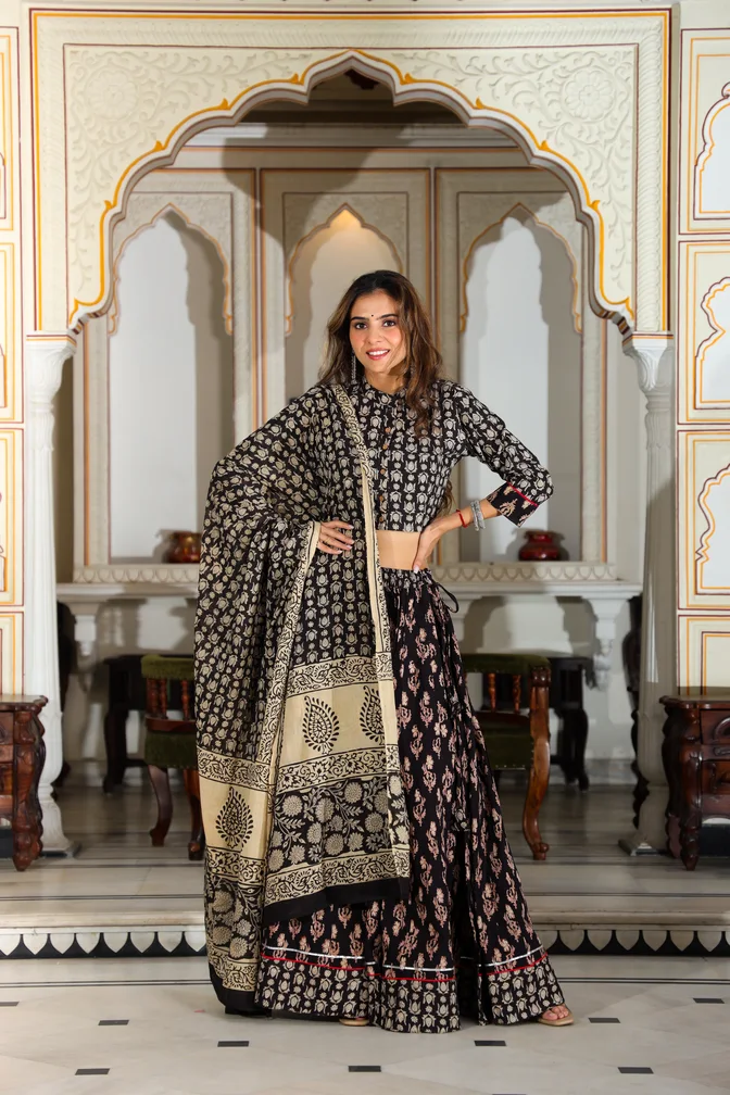 Black Bagru Print Cotton Lehanga Choli