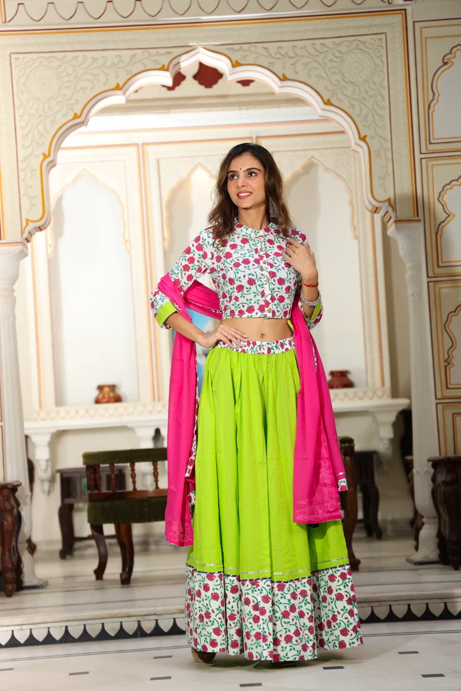 White & Green Bagru Print Cotton Lehanga Choli