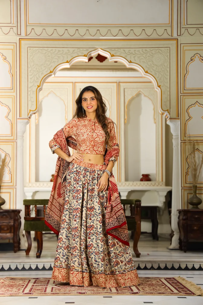 Ruby Red Bagru Print Cotton Lehanga Choli
