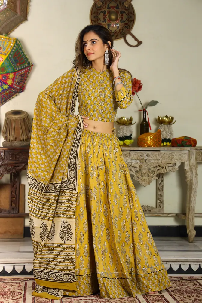 Musturd Bagru Print Cotton Lehanga Choli