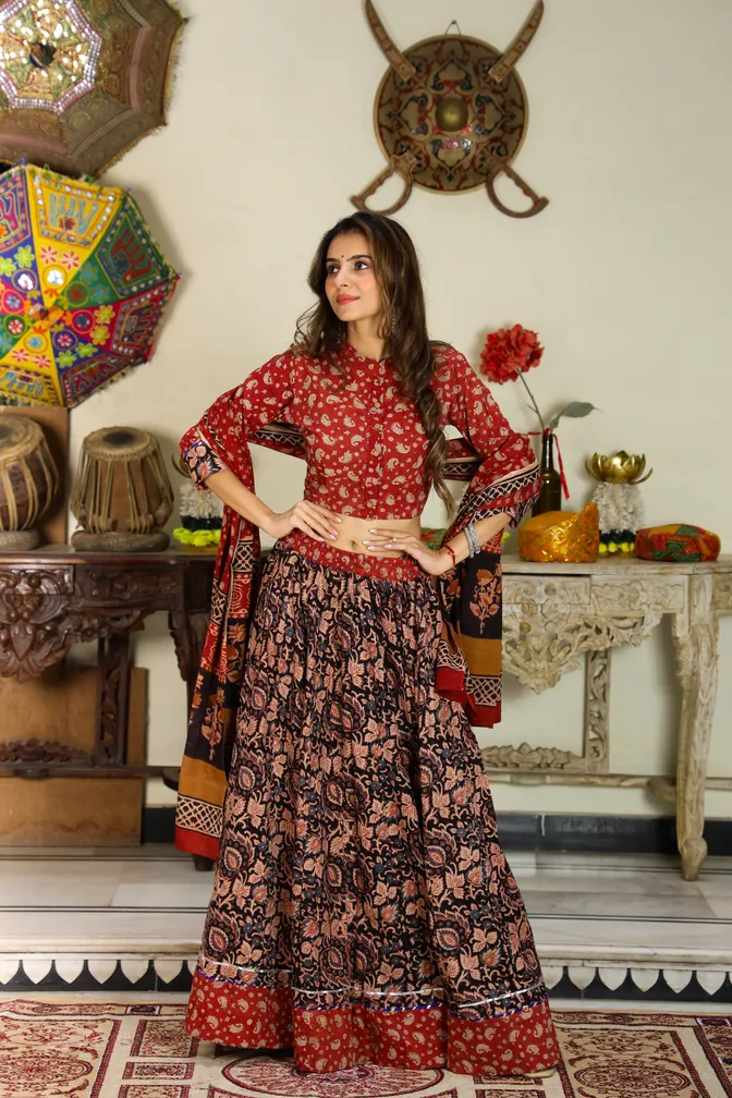 Red & Black Bagru Print Cotton Lehanga Choli