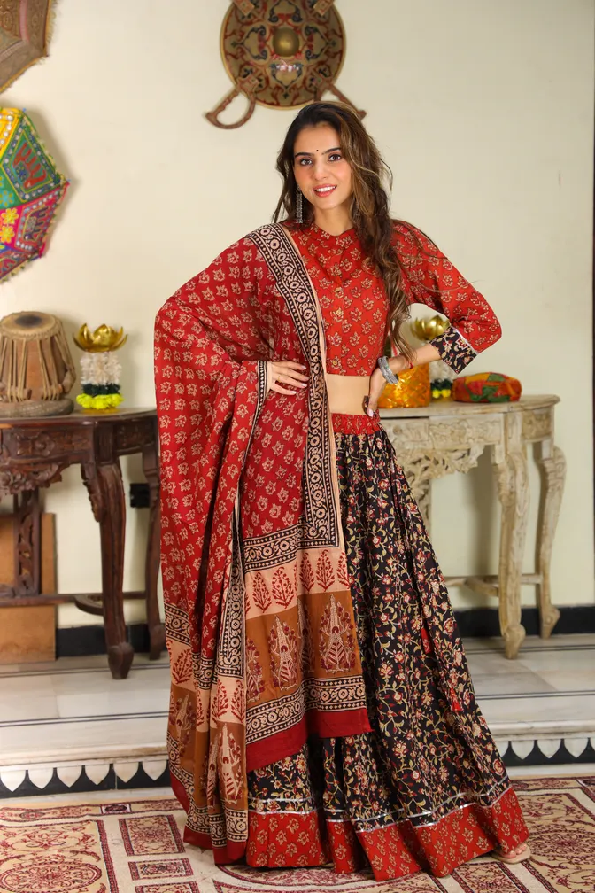 Red & Black Bagru Print Cotton Chaniya Choli