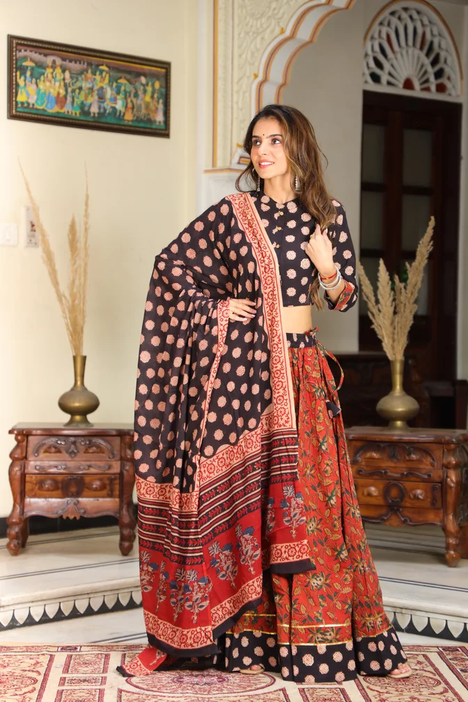 Black & Red Bagru Print Cotton Lehanga Choli
