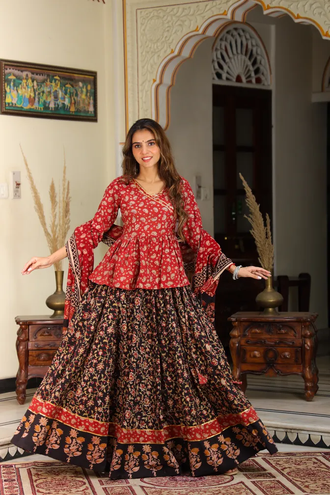 Red & Black Bagru Print Cotton Lehanga Angrakha Choli