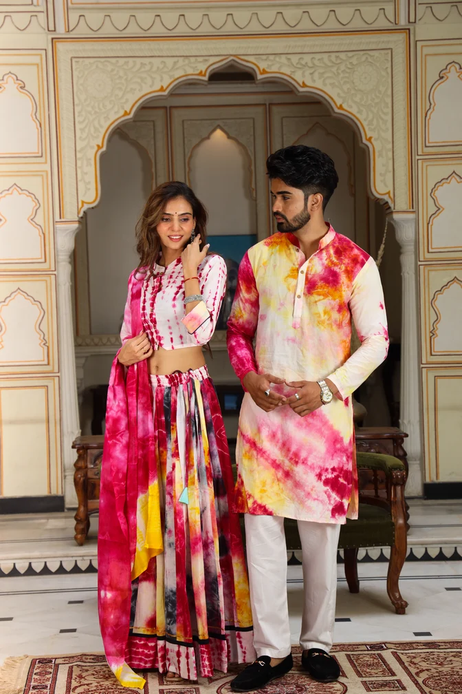 Multi Colour Tie Dye Cotton Couple Lehanga Choli