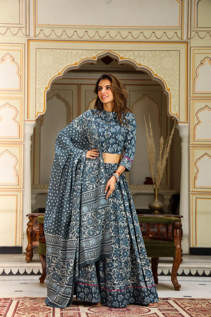 Indigo Kashish Daabu Print Cotton Lehanga Choli