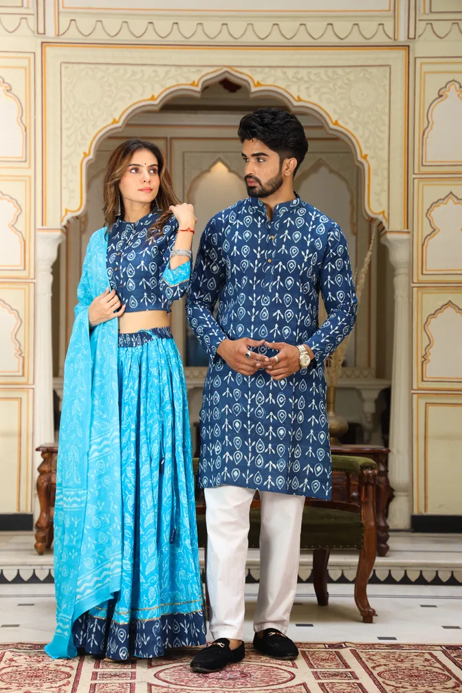 Indigo & Sky Blue Print Cotton Couple Lehanga Choli