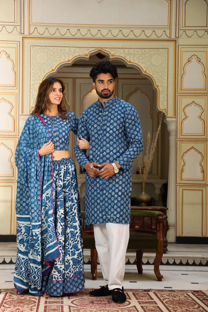Indigo Dabu Print Cotton Couple Lehanga Choli