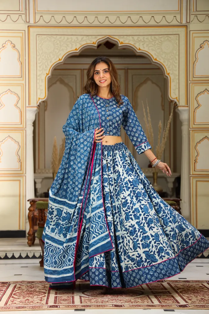 Indigo Dabu Print Cotton Lehanga Choli