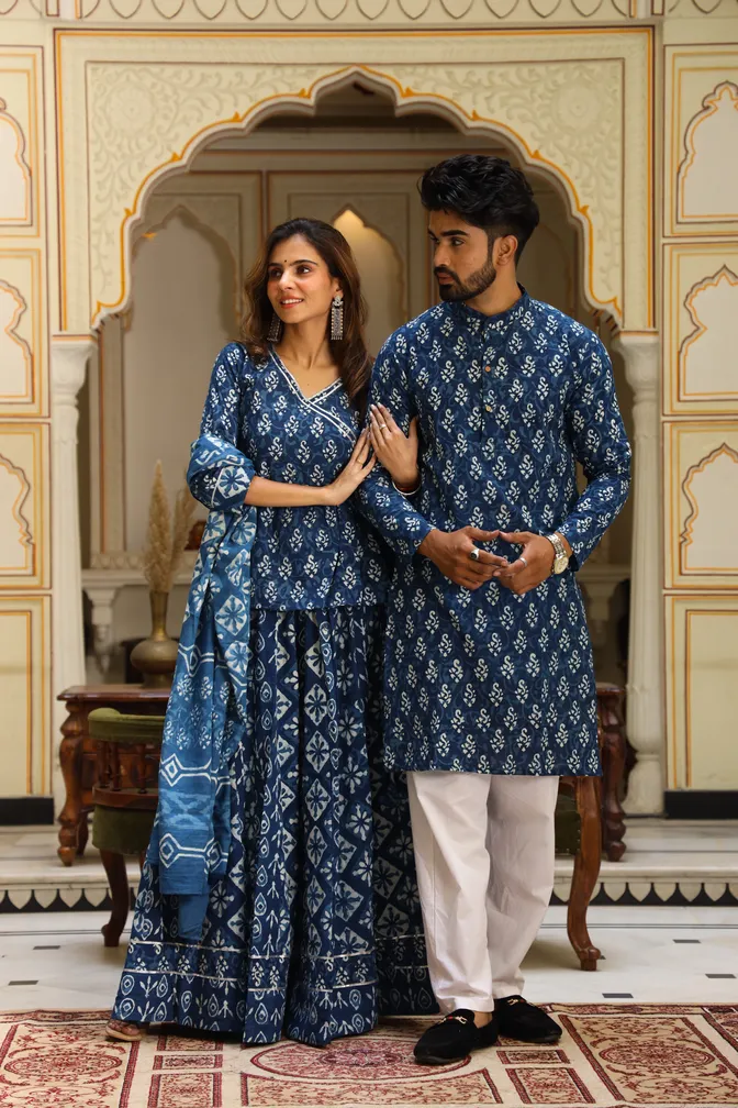 Indigo Cotton Couple Lehanga Angrakha Choli