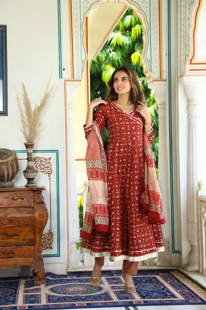 Dark Red Bagru Print Cotton Anarkali Dress