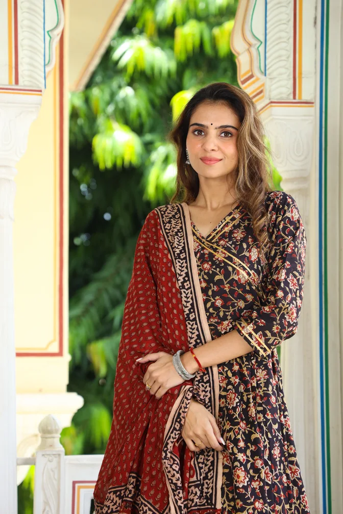 Black Kalamkari Print Cotton Anarkali Dress With Dupatta