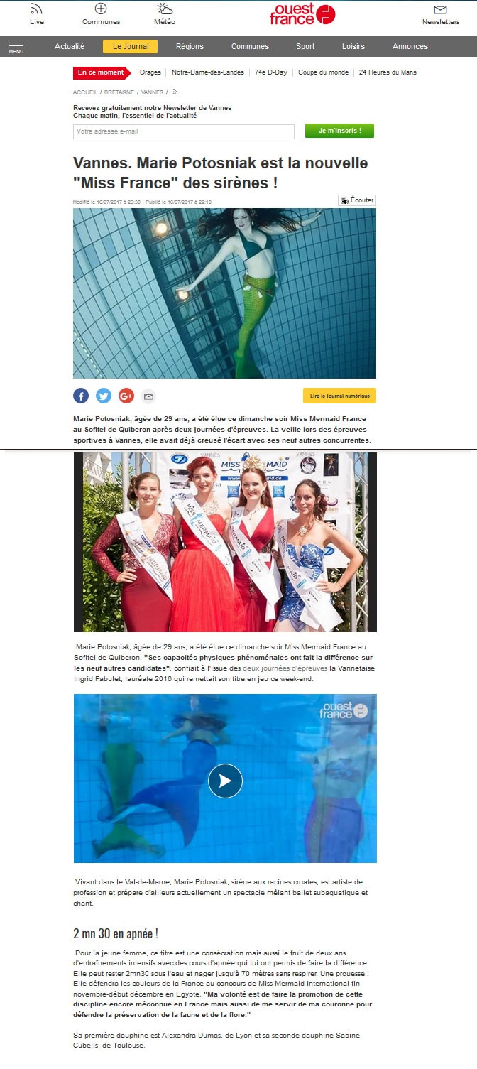 médias/presse Galatée, Galatée la sirène, Miss mermaid France 2017, Miss Mermaid International 2017, article journal sirène, article mermaiding, the voice 2024, film sirène