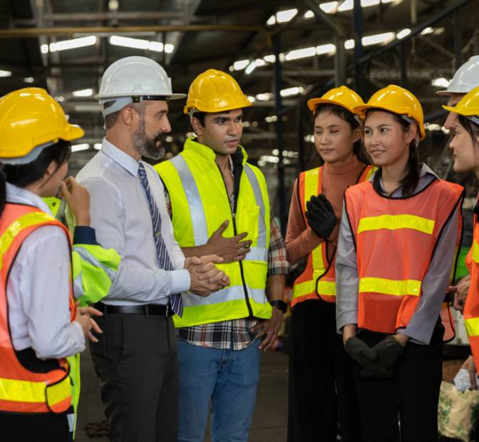 Group of Warehouse or Manufacturing personnel meeting around Manager