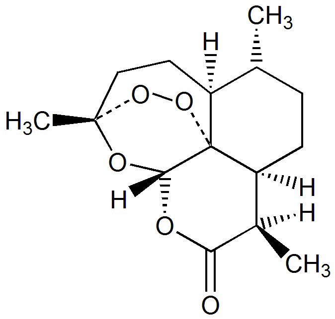 Strukturformel von Artemisinin mit der charakteristischen Endoperoxid-Brücke aus zwei Sauerstoffatomen