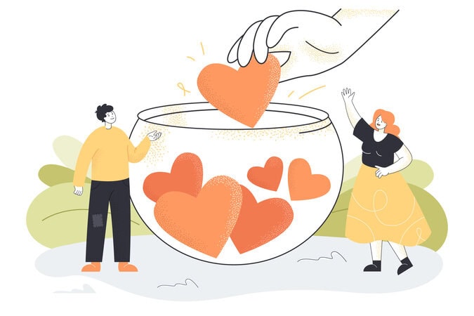 Hand giving heart to healthy donation jar