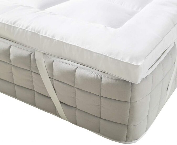 a mattress pad with anchor bands strapped around a mattress