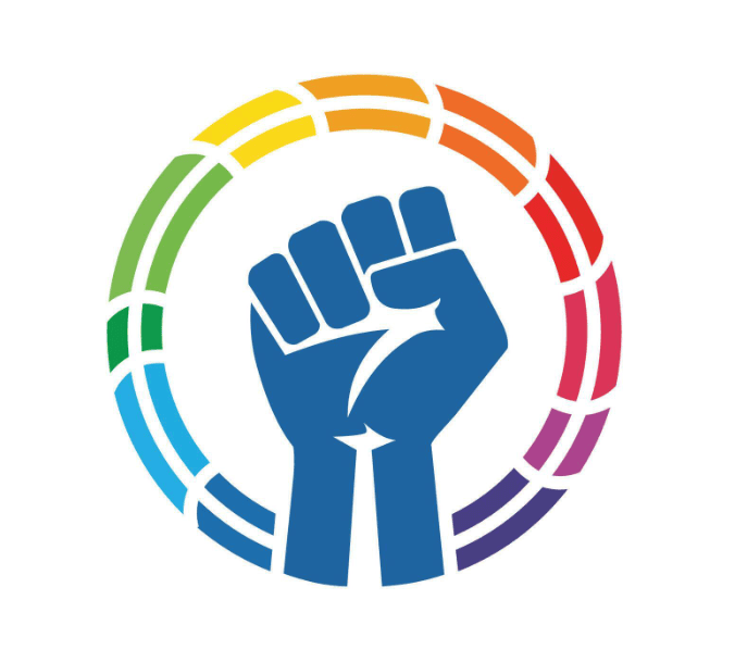 Cartoon illustration of a blue fist raised in solidarity surrounded by the a circle of rainbow colors.