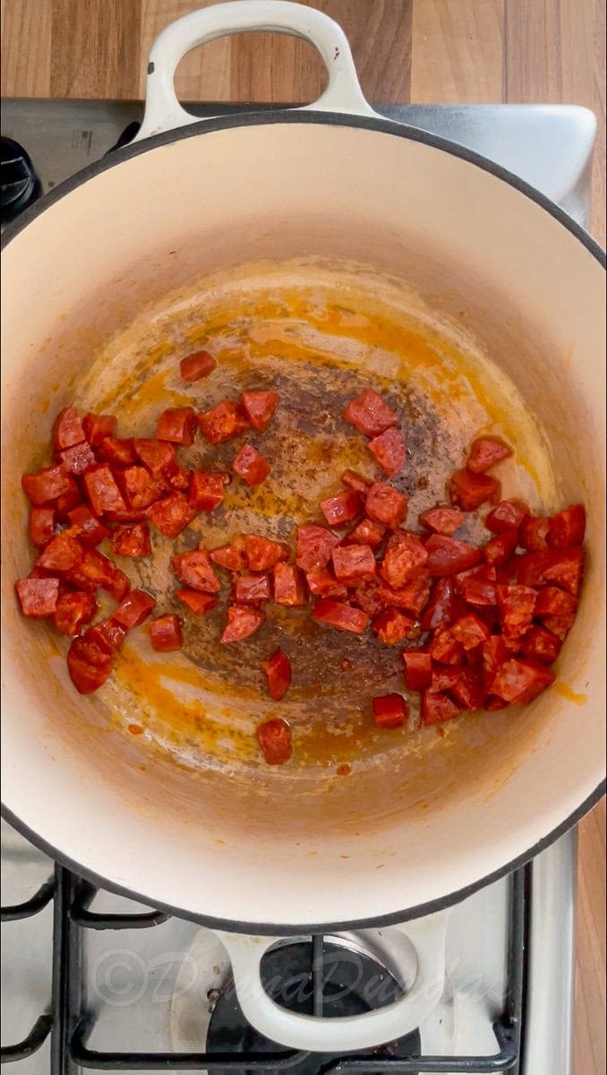 cooked diced chorizo in dutch oven.