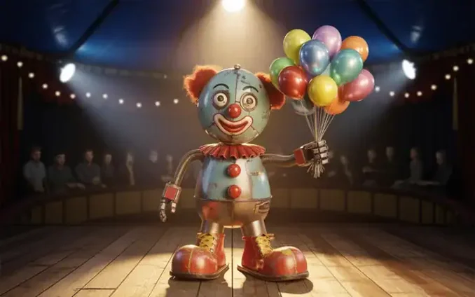 KI Roboter als Clown verkleidet