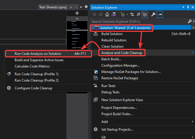 Running a code analysis on the entire solution; hotkey is ALT+F11