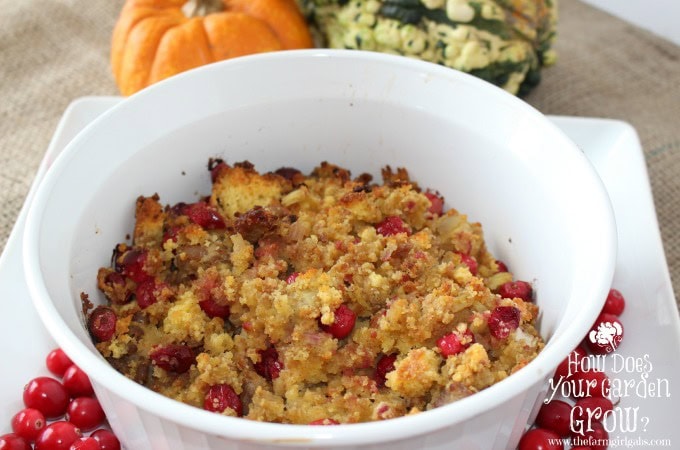 Sausage and Cranberry Cornbread Stuffing from How Does Your Garden Grow? {www.thefarmgirlgabs.com}