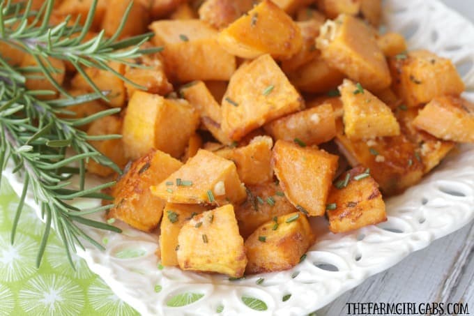 Rosemary Parmesan Sweet Potatoes are tossed in fresh rosemary and parmesan then roasted to perfection!