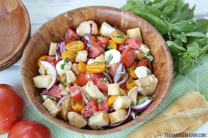 Tomato season call for a delicious Jersey Fresh Panzanella Salad. Ripe juicy tomatoes pair up with rustic french bread to create a delicious summer salad.