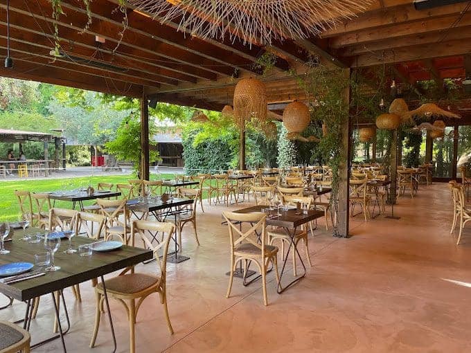 Cozy outdoor dining area at Can Camades restaurant featuring wooden furniture, lush greenery, and stylish lighting for a relaxing dining experience.