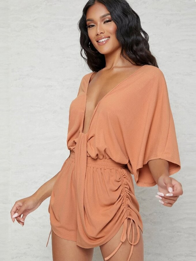 Ribbed Plunging Ruched Drawstring Romper