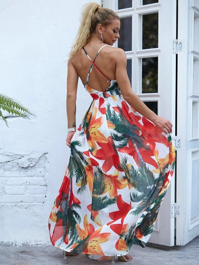 Plunging Neck Tie Back Tropical Maxi Dress - Image 3