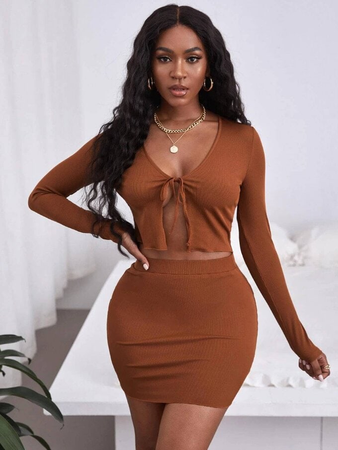 Solid Tie Front Top & Bodycon Skirt - Image 3