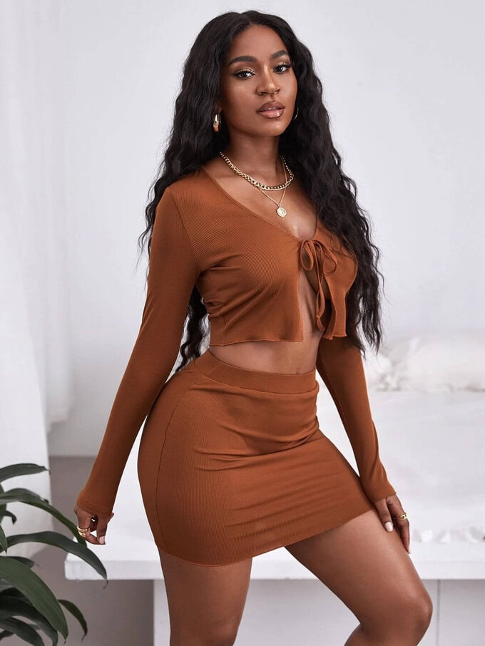 Solid Tie Front Top & Bodycon Skirt