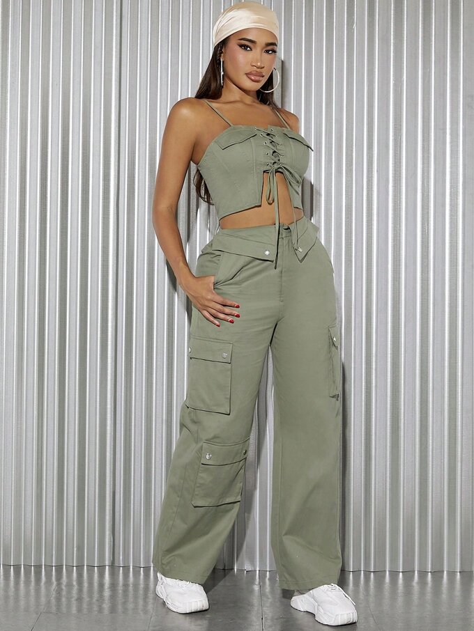 Lace Up Front Cami Top & Flap Pocket Cargo Pants