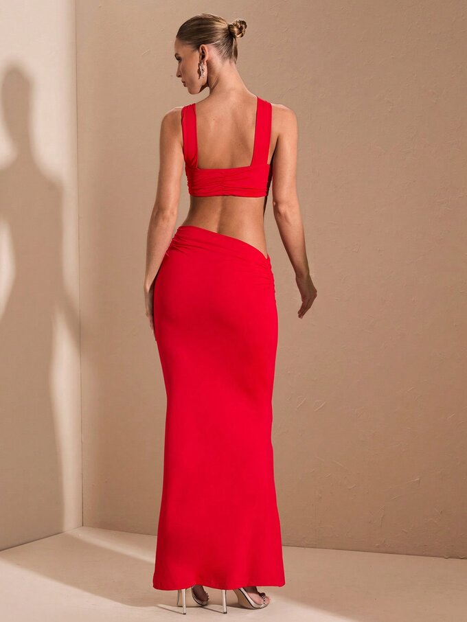 Red Long Knitted Strappy Hollow-Out Open Back Dress - Image 3