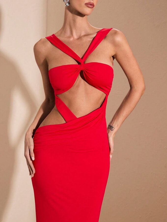 Red Long Knitted Strappy Hollow-Out Open Back Dress - Image 9