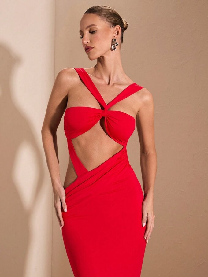 Red Long Knitted Strappy Hollow-Out Open Back Dress - Image 10