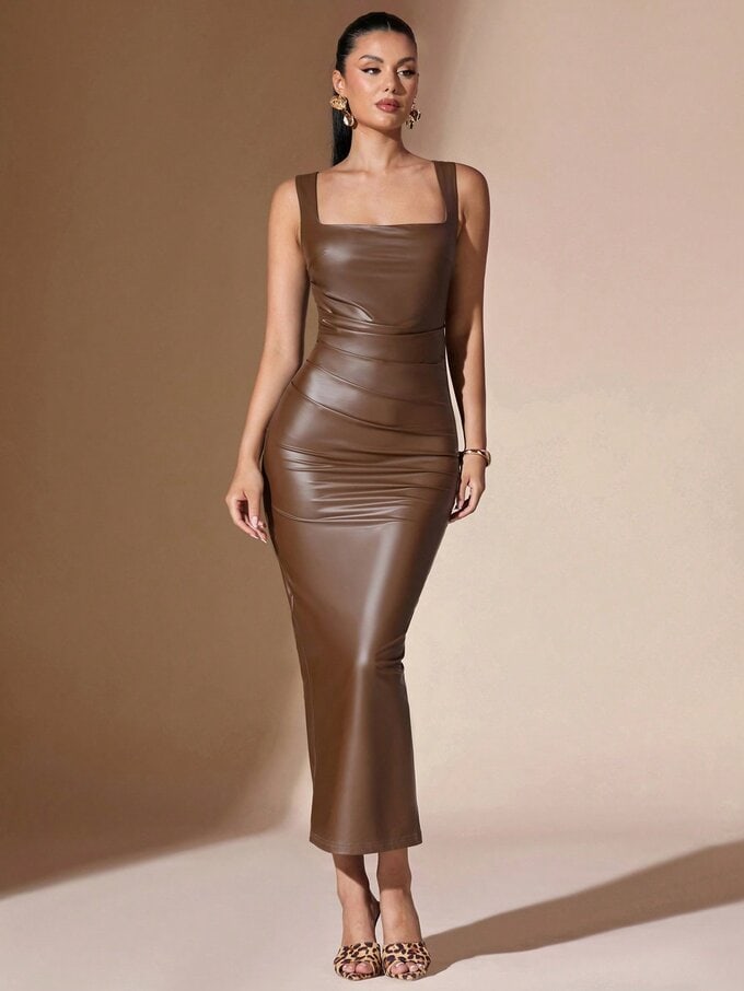 Square Collar Pleated Mid-Length Camisole Dress - Image 5