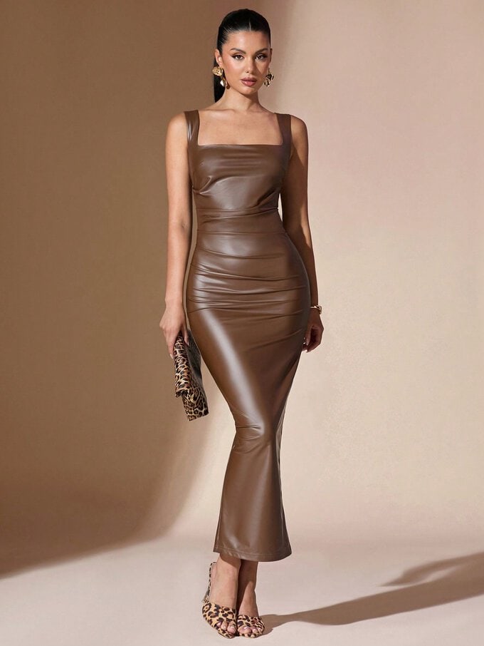Square Collar Pleated Mid-Length Camisole Dress - Image 8