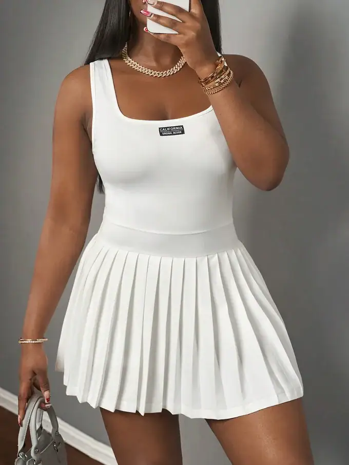 Women’s Casual U-Neck Racer Vest Mini Dress with Pleated Skirt & Shorts - Image 17