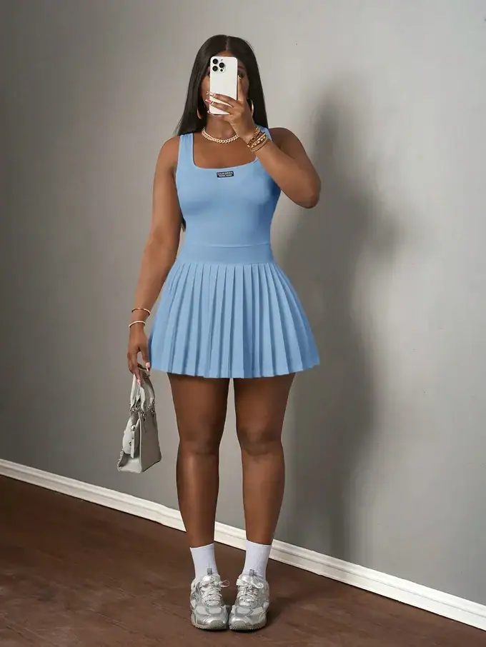 Women’s Casual U-Neck Racer Vest Mini Dress with Pleated Skirt & Shorts - Image 13