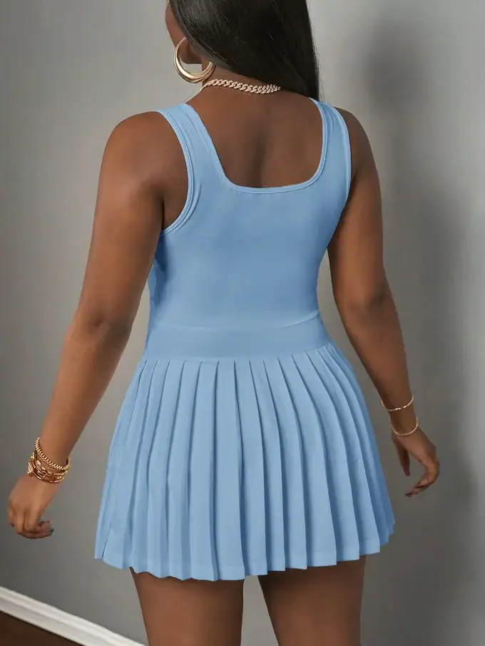 Women’s Casual U-Neck Racer Vest Mini Dress with Pleated Skirt & Shorts - Image 9